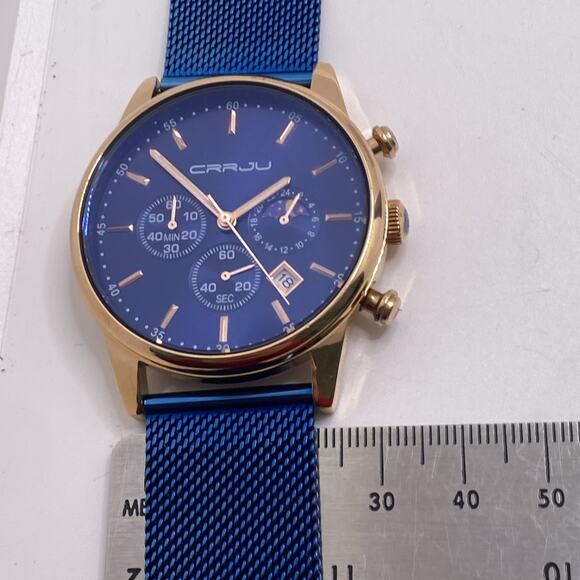 Carju Mens Chronograph Rose Gold Blue Moon Phase Watch Works New Battery main image 5